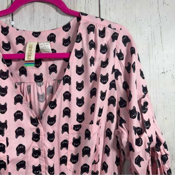 Mimi Chica Womens Cat Print Button Down Pink Black V Neck Belted Mini Dress - Picture 4 of 16